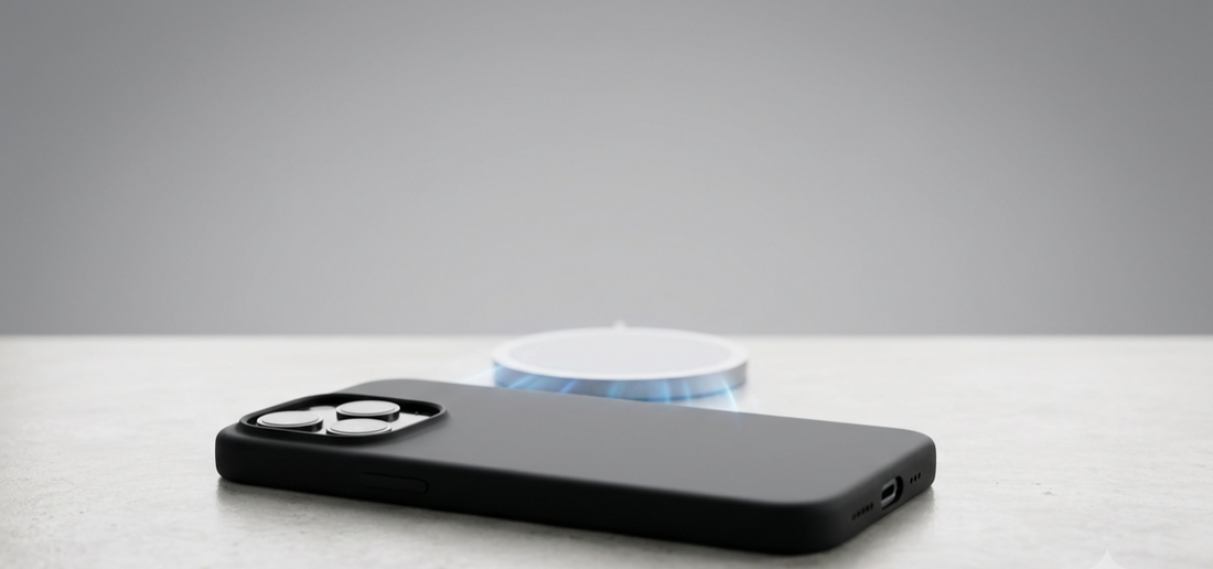 A wide product shot showing a black silicone case on a modern smartphone, angled on a polished concrete surface. Faint blue magnetic force lines visualize the connection attempt with a central white circular MagSafe charging pad.
