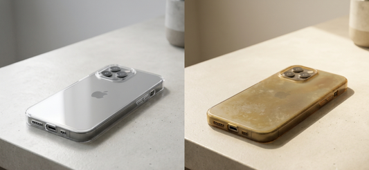A side-by-side comparison image showing an iPhone in a crystal-clear, transparent TPU case on the left vs. the same iPhone model encased in a severely yellowed and oxidized yellow-brown case on the right, resting on a stone tabletop."