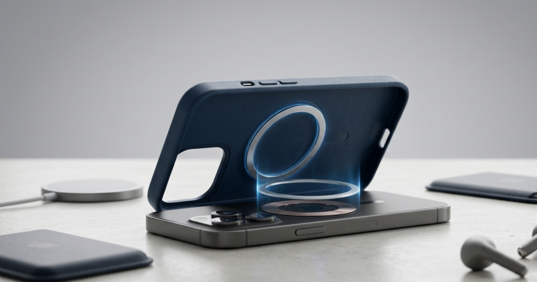 A top-down banner photograph on a minimalist light concrete desk showing a blue textured MagSafe-compatible phone case with its internal magnetic ring exposed, and a matching blue magnetic wallet attachment, illuminated by soft natural light.