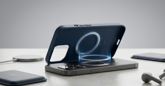 A top-down banner photograph on a minimalist light concrete desk showing a blue textured MagSafe-compatible phone case with its internal magnetic ring exposed, and a matching blue magnetic wallet attachment, illuminated by soft natural light.