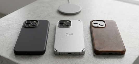 A side-by-side product shot of three smartphones showcasing three different case materials: a sleek matte black silicone case on the left, a brushed aluminum metal frame case in the center, and a rich brown leather case on the right