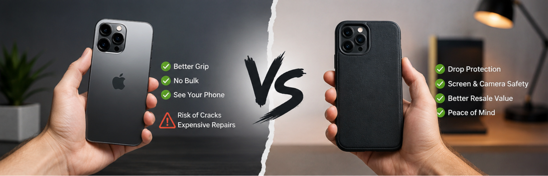 Phone with and without a protective case showing the pros and cons of going caseless.