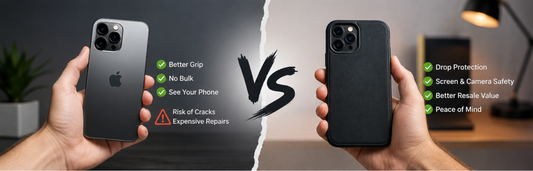 Phone with and without a protective case showing the pros and cons of going caseless.