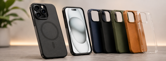 iPhone 15 case options with silicone, clear and leather designs showing camera fit and MagSafe compatibility