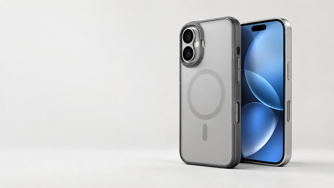 iPhone 16 with protective case showing Camera Control, camera protection and slim case design