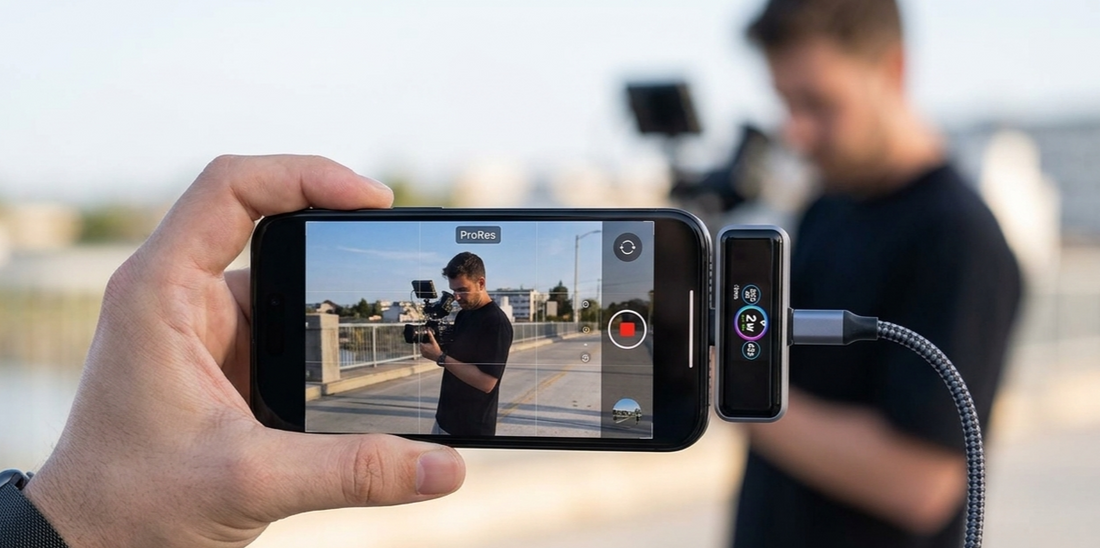 An iPhone 16 Pro records ProRes video while the GT storage device is connected via a fast USB-C cable.