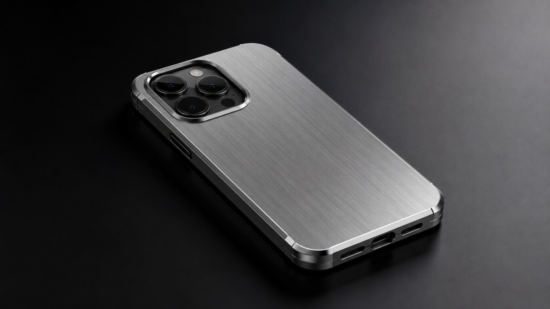 Metal phone case for iPhone showing the non-metal cutout window over the wireless charging area