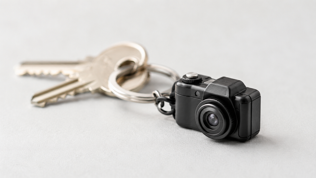 Small keychain camera clipped to a set of keys, editorial product shot