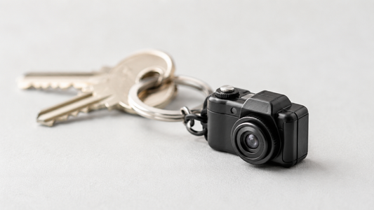 Small keychain camera clipped to a set of keys, editorial product shot