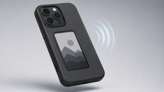 NFC-enabled phone case with built-in E-Ink display attached to a smartphone