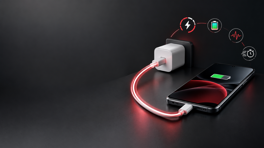OnePlus smartphone connected to a fast charger with subtle charging energy indicators