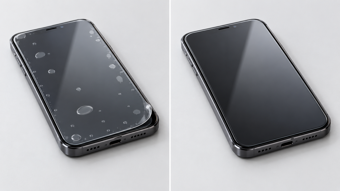 Before and after removing bubbles from a screen protector