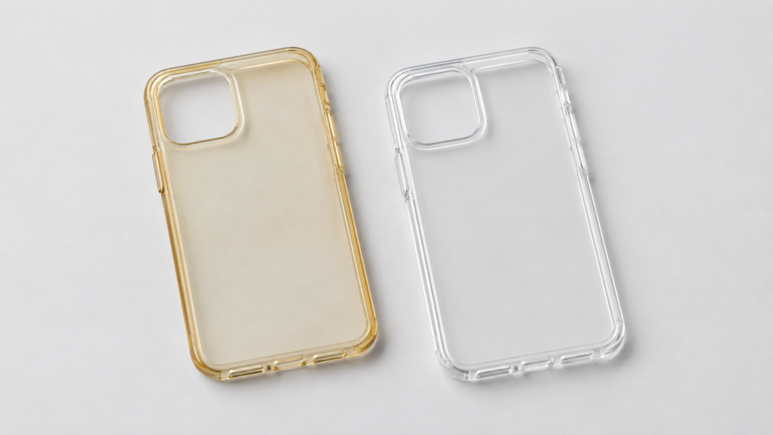 Comparison of a yellowed clear phone case next to an untinted clear phone case
