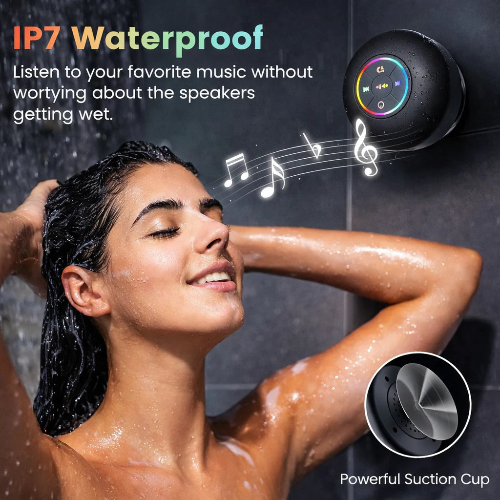 MINI BLUETOOTH SHOWER SPEAKER WITH RGB LIGHTS | WATERPROOF SUCTION CUP | WIRELESS BATHROOM MUSIC PLAYER WITH MIC